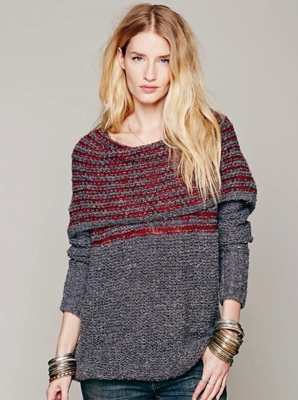 Free People XS Gray Red Striped Chunky Knit Cowl Neck Sweater Wool Linen Mohair